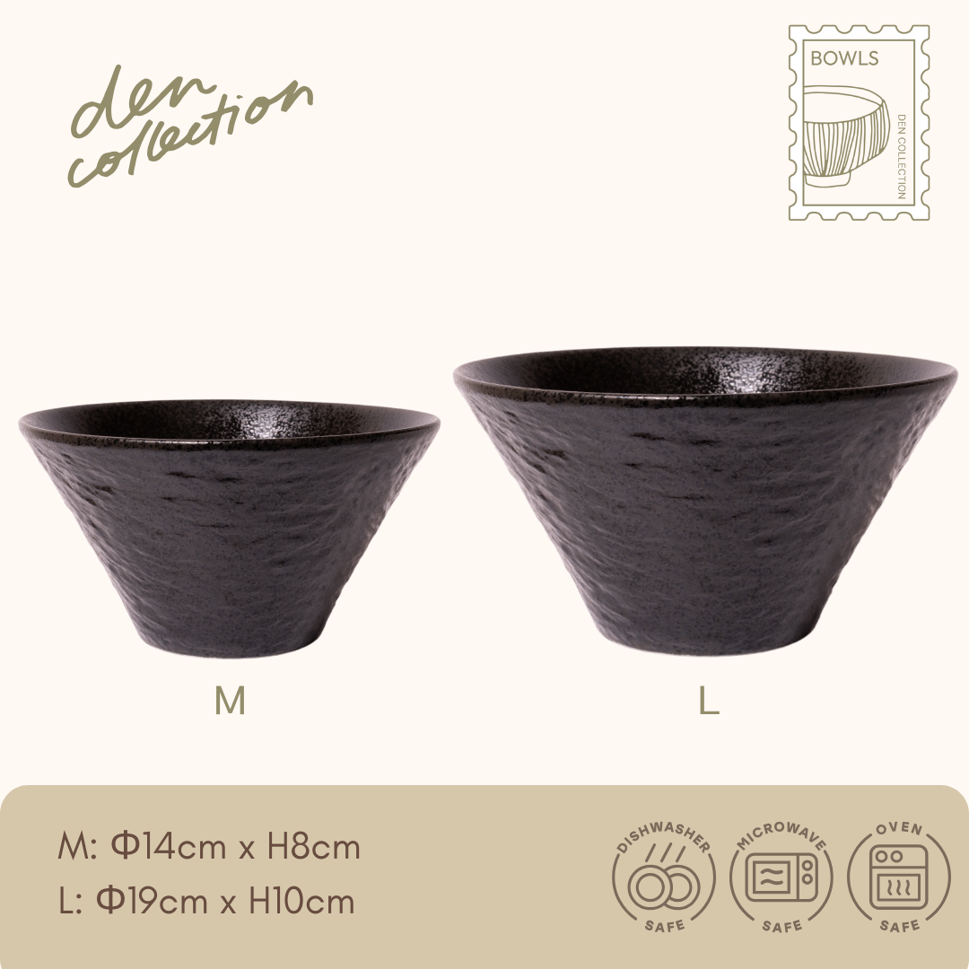 Noir Slate Bowl in black – deep bowl with a stone-like matte texture and tapered silhouette, ideal for soups or noodles. スレート調の黒い深ボウル。シャープなラインと温かみのある質感で汁物や麺類に最適。